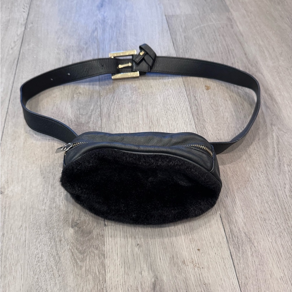 Marinella Milano Black Leather and Faux Fur Belt Bag Fanny Pack Made In Italy